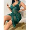 image:imageOYOANGLE Womens Plus Size 3D Floral Appliques Sheer Strap Chemise Mesh Nightgowns See Through V Neck SleepwearDark Green