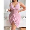 image:imageOYOANGLE Womens Plus Size 3D Floral Appliques Sheer Strap Chemise Mesh Nightgowns See Through V Neck SleepwearPink