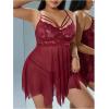 image:imageOYOANGLE Womens Plus Size Babydoll Lingerie Lace Sheer Asymmetrical Ruffle Nightgown Chemise Boudoir Nighty SleepwearBurgundy