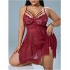 image:imageOYOANGLE Womens Plus Size Babydoll Lingerie Lace Sheer Asymmetrical Ruffle Nightgown Chemise Boudoir Nighty SleepwearBurgundy