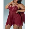 image:imageOYOANGLE Womens Plus Size Babydoll Lingerie Lace Sheer Asymmetrical Ruffle Nightgown Chemise Boudoir Nighty SleepwearBurgundy