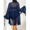 image:imageOYOANGLE Womens Plus Size Lingerie Set Lace Ribbed Bra and Panty with Long Sleeve Sheer Kimono Robe SetsDeep Blue