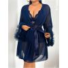 image:imageOYOANGLE Womens Plus Size Lingerie Set Lace Ribbed Bra and Panty with Long Sleeve Sheer Kimono Robe SetsDeep Blue