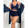 image:imageOYOANGLE Womens Plus Size Lingerie Set Lace Ribbed Bra and Panty with Long Sleeve Sheer Kimono Robe SetsDeep Blue