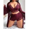 image:imageOYOANGLE Womens Plus Size Lingerie Set Lace Ribbed Bra and Panty with Long Sleeve Sheer Kimono Robe SetsMaroon