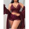 image:imageOYOANGLE Womens Plus Size Lingerie Set Lace Ribbed Bra and Panty with Long Sleeve Sheer Kimono Robe SetsMaroon