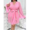 image:imageOYOANGLE Womens Plus Size Lingerie Set Lace Ribbed Bra and Panty with Long Sleeve Sheer Kimono Robe SetsPink