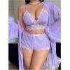 image:imageOYOANGLE Womens Plus Size Lingerie Set Lace Ribbed Bra and Panty with Long Sleeve Sheer Kimono Robe SetsPurple