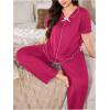image:imageOYOANGLE Womens Plus Size Pajama Set Lettuce Trim Short Sleeve Sleepwear Top and Pants PajamasHot Pink