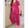 image:imageOYOANGLE Womens Plus Size Pajama Set Lettuce Trim Short Sleeve Sleepwear Top and Pants PajamasHot Pink