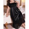 image:imageOYOANGLE Womens Plus Size Satin Nightgown Sleepwear Lace Trim Short Sleeve Ruffle Maxi NightdressBlack