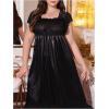 image:imageOYOANGLE Womens Plus Size Satin Nightgown Sleepwear Lace Trim Short Sleeve Ruffle Maxi NightdressBlack