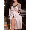 image:imageOYOANGLE Womens Plus Size Satin Robe Set Lace Trim Chemise Nightgown and Belted Bathrobe SleepwearChampagne