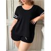 image:imageOYOANGLE Womens Plus Size Short Sleeve Pajama Set Striped Trim Tshirt and Shorts Summer Lounge SetsBlack