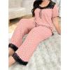 image:imageOYOANGLE Womens Plus Size Short Sleeve Sleepwear Polka Dots Lace Trim Tee and Pants Pjs Soft Pajama SetPink