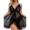 image:imageOYOANGLE Lingerie for Women Lace Sheer Open Front Chemise V Neck Mesh Babydoll Nightgowns Boudoir NightyBlack