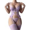 image:imageOYOANGLE Womens 3 Pieces Lace Patchwork Lingerie Sets Sexy Bra Panty Garter Belt StockingsPurple