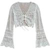 image:imageOYOANGLE Womens Drawstring Tie Front Sweater Flare Long Sleeve Crop Tops Hollow Out KnitwearWhite