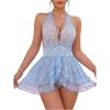 image:imageOYOANGLE Womens Lingerie Set 2 Piece Heart Print Halter Neck Lace Mesh Sheer Babydoll Dress with ThongBlue