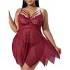 image:imageOYOANGLE Womens Plus Size Babydoll Lingerie Lace Sheer Asymmetrical Ruffle Nightgown Chemise Boudoir Nighty SleepwearBurgundy