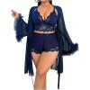 image:imageOYOANGLE Womens Plus Size Lingerie Set Lace Ribbed Bra and Panty with Long Sleeve Sheer Kimono Robe SetsDeep Blue