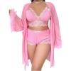 image:imageOYOANGLE Womens Plus Size Lingerie Set Lace Ribbed Bra and Panty with Long Sleeve Sheer Kimono Robe SetsPink