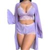 image:imageOYOANGLE Womens Plus Size Lingerie Set Lace Ribbed Bra and Panty with Long Sleeve Sheer Kimono Robe SetsPurple