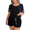 image:imageOYOANGLE Womens Plus Size Short Sleeve Pajama Set Striped Trim Tshirt and Shorts Summer Lounge SetsBlack