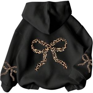 image:imageOYOANGLE Girls Bow Leopard Print Oversized Hoodie Long Sleeve Hooded Sweatshirts Pullover TopsBlack
