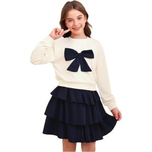 image:imageOYOANGLE Girls Cute 2 Piece Outfits Long Sleeve Bow Sweatshirts and Layered Ruffle Short Skirt SetsApricot Black