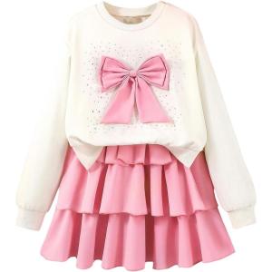 image:imageOYOANGLE Girls Cute 2 Piece Outfits Long Sleeve Bow Sweatshirts and Layered Ruffle Short Skirt SetsPink