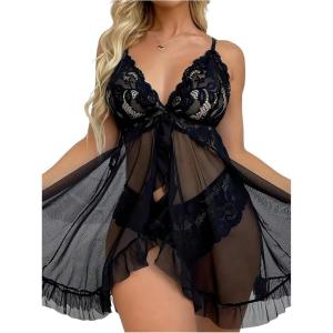 image:imageOYOANGLE Lingerie for Women Lace Sheer Open Front Chemise V Neck Mesh Babydoll Nightgowns Boudoir NightyBlack