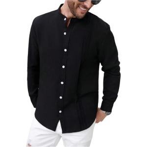 image:imageOYOANGLE Mens Band Collar Button Down Shirts Long Sleeve Business Casual Dress ShirtBlack
