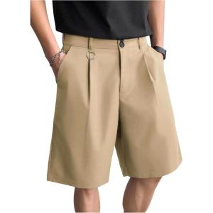 image:imageOYOANGLE Mens Classic Pleat Front Golf Shorts Zipper Fly Elastic Waistband Business Casual ShortsKhaki