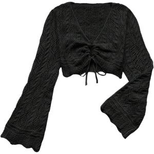 image:imageOYOANGLE Womens Drawstring Tie Front Sweater Flare Long Sleeve Crop Tops Hollow Out KnitwearBlack