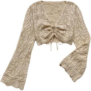 image:imageOYOANGLE Womens Drawstring Tie Front Sweater Flare Long Sleeve Crop Tops Hollow Out KnitwearKhaki