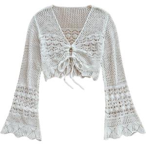 image:imageOYOANGLE Womens Drawstring Tie Front Sweater Flare Long Sleeve Crop Tops Hollow Out KnitwearWhite