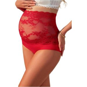 image:imageOYOANGLE Womens Lace Sheer Maternity Underwear High Waist Comfy Pregnancy PantiesRed