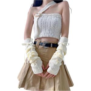 image:imageOYOANGLE Womens Long Fingerless Gloves Bow Knitted Arm Warmers Y2K Cute Cosplay Lolita AccessoriesBeige