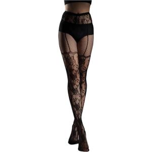 image:imageOYOANGLE Womens Patterned Fishnet Tights High Waisted Hollow Out Mesh Pantyhose Footed StockingsBlack