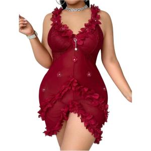 image:imageOYOANGLE Womens Plus Size 3D Floral Appliques Sheer Strap Chemise Mesh Nightgowns See Through V Neck SleepwearBurgundy