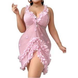image:imageOYOANGLE Womens Plus Size 3D Floral Appliques Sheer Strap Chemise Mesh Nightgowns See Through V Neck SleepwearPink