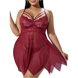 image:imageOYOANGLE Womens Plus Size Babydoll Lingerie Lace Sheer Asymmetrical Ruffle Nightgown Chemise Boudoir Nighty SleepwearBurgundy
