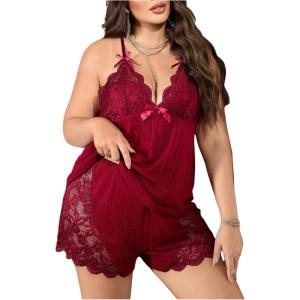 image:imageOYOANGLE Womens Plus Size Cami Top and Shorts Pajama Set Lace Trim Sleeveless V Neck Lingerie SleepwearBurgundy