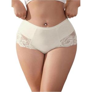 image:imageOYOANGLE Womens Plus Size Floral Lace Briefs Mid Rise Scallop Trim Panties Ladies Breathable UnderwearApricot