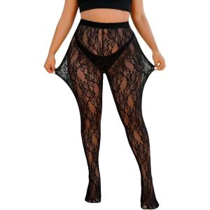 image:imageOYOANGLE Womens Plus Size Floral Lace Tights High Waisted Pantyhose Sheer Mesh StockingsBlack