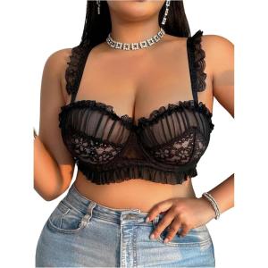 image:imageOYOANGLE Womens Plus Size Lace Mesh Underwire Bra Ruffle Trim Push Up Comfy Everyday BrasBlack