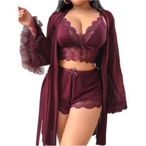 image:imageOYOANGLE Womens Plus Size Lingerie Set Lace Ribbed Bra and Panty with Long Sleeve Sheer Kimono Robe SetsMaroon