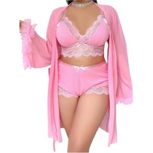 image:imageOYOANGLE Womens Plus Size Lingerie Set Lace Ribbed Bra and Panty with Long Sleeve Sheer Kimono Robe SetsPink