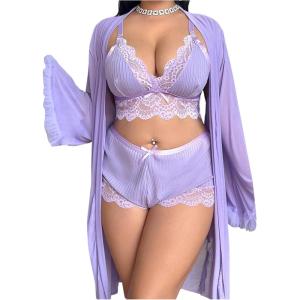 image:imageOYOANGLE Womens Plus Size Lingerie Set Lace Ribbed Bra and Panty with Long Sleeve Sheer Kimono Robe SetsPurple